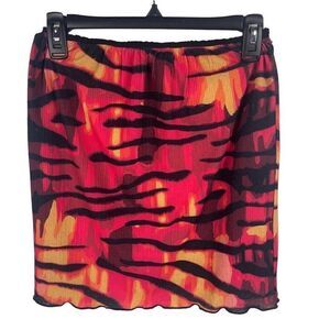 NWT Twiin Y2K Red‎ Orange Black Inferno Mesh Mini Skirt Lettuce Hem Size S